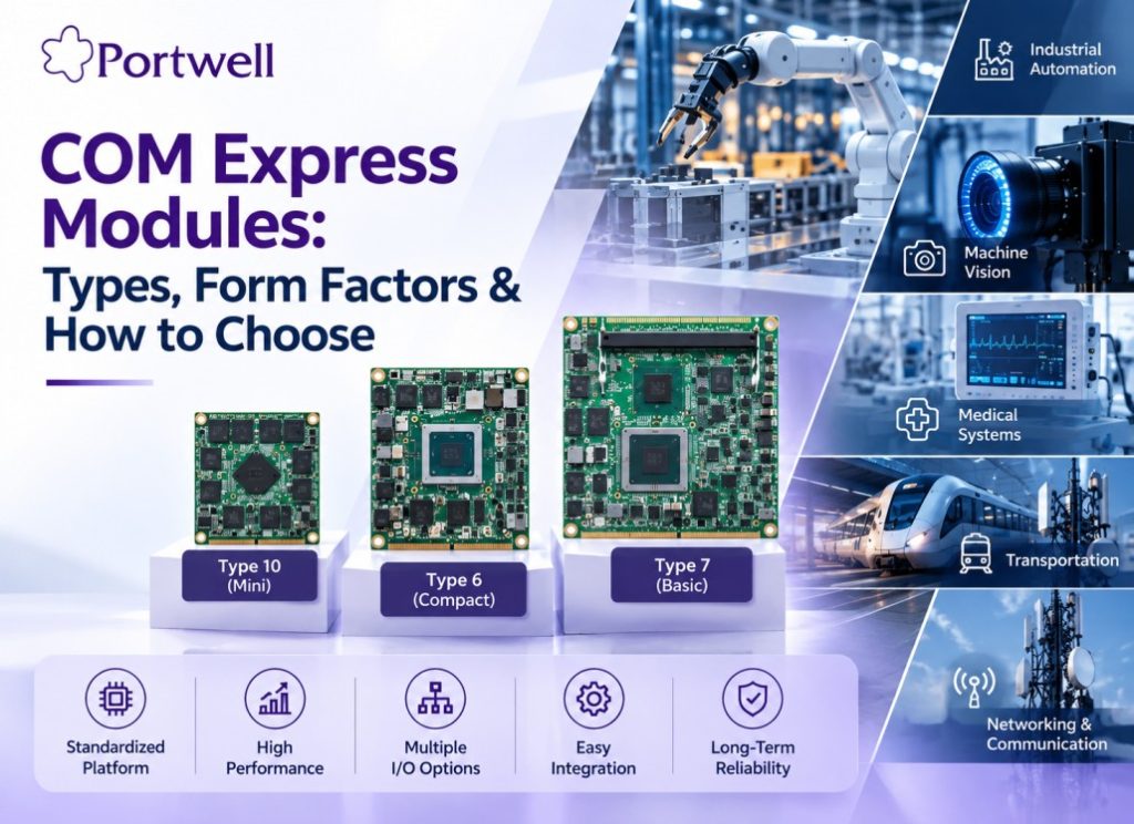 Portwell COM Express modules showing Type 10 Mini, Type 6 Compact, and Type 7 Basic form factors for embedded computing applications
